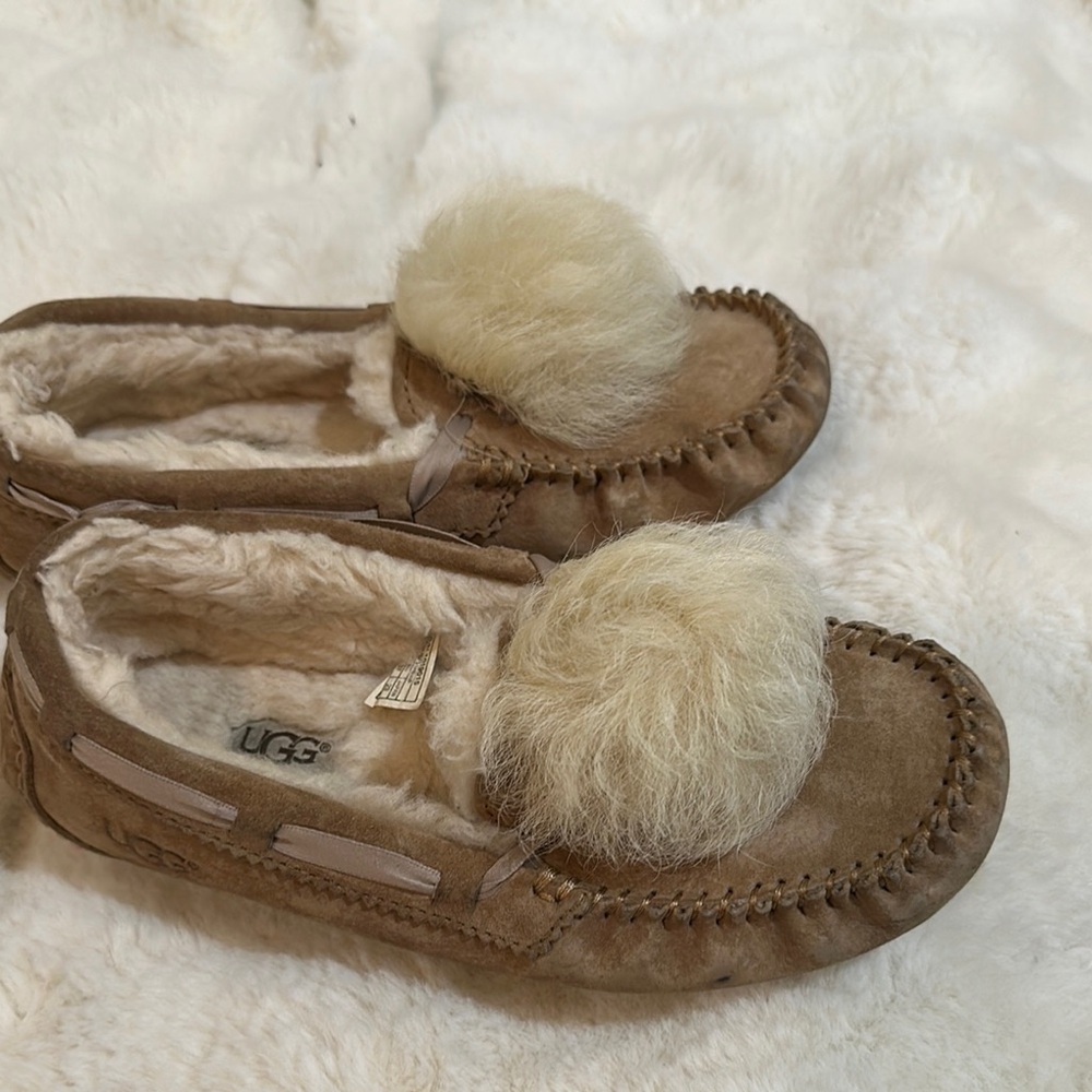 UGG Tan Suede Moccasins with Fluffy Cream Accent